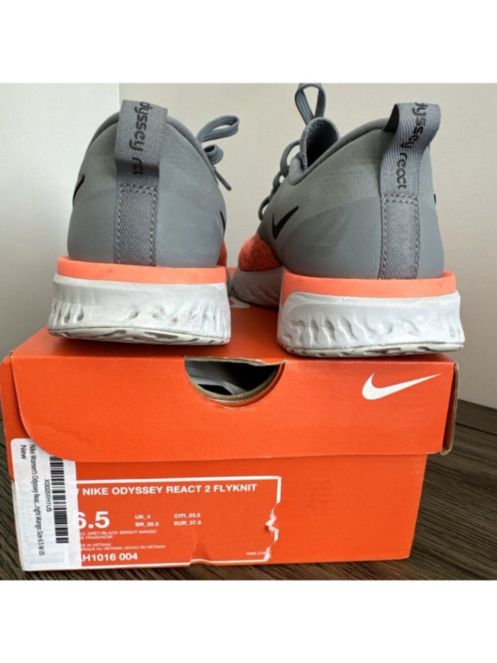 Nike Womens Odyssey React 2 Flyknit Running Shoes Gray/Orange Size 6.5 US W/Box - Picture 5 of 13